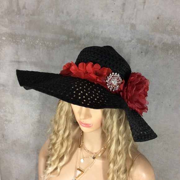 🌺 FLOPPY HAT FLOWER BLING FLORAL SUN BLOCKER BEACH ROSE SUMMER BLACK POOL BOHO - Picture 8 of 8